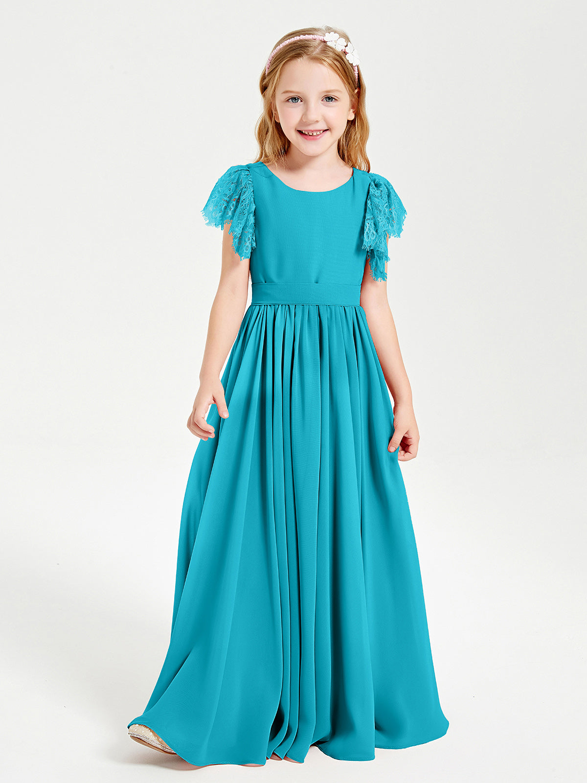 Chiffon Junior Bridesmaid Dresses with Lace Flutter Sleeves Jade